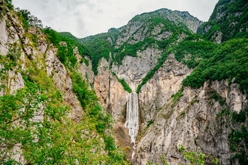 Famous slovenian waterfall Boka in Julian Alps in Triglav National park. One of the highest in Slovenia. Slap Boka.