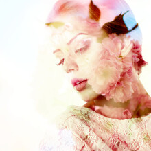 Beautiful Young Female Face With Spring Blooming Cherry Tree Flowers, Double Exposure. Beauty Treatment, Youth, Springtime Concept