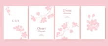 Set Of Spring Backgrouds With Sakura Branch. Cherry Blossoms. Design For Card, Wedding Invitation, Cover, Packaging, Cosmetics.