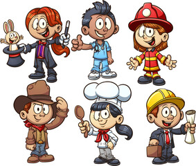 Wall Mural - Kids using costumes from different occupations. Vector clip art illustration with simple gradients. Each on a separate layer.