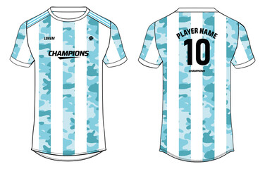 Sports jersey t shirt design concept vector template, Argentina football jersey concept with front and back view for Cricket, soccer, Volleyball, Rugby, tennis and badminton uniform