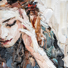 Portrait Of A Girl In A Cafe. Fragment Of An Oil Painting. Atractiv Art On Canvas.