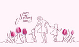 Fototapeta  - Happy Mother day card. Continuous one line drawing.