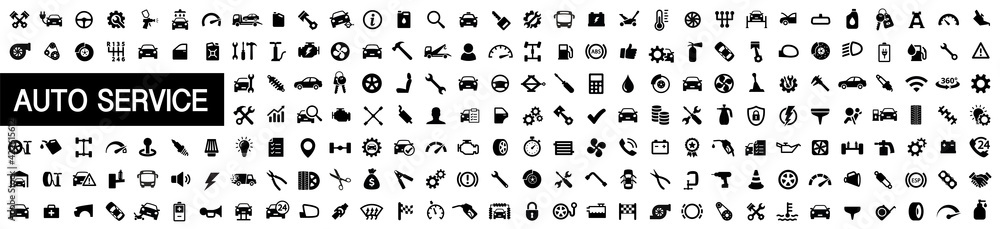 Auto service, car repair icon set. Car service and garage. Big collection: repair, maintenance, inspection, parts, units, elements - stock vector. - obrazy, fototapety, plakaty 
