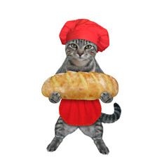 Wall Mural - A gray cat baker in a red chef hat and apron is holding a loaf of bread. White background. Isolated.