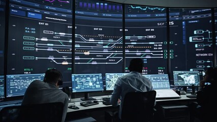 Aufkleber - Professional IT Technical Support Specialists and Software Programmer Working on Computers in Monitoring Control Room with Digital Screens with Server Data, Blockchain Network and Surveillance Maps. 