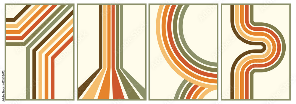 retro vintage 70s style stripes background poster lines. shapes vector design graphic 1970s retro background. abstract stylish 70s era line frame illustration - obrazy, fototapety, plakaty 