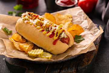 Sticker - Traditional american hot dog with mustard and ketchup