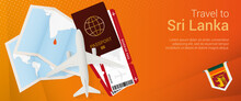 Travel To Sri Lanka Pop-under Banner. Trip Banner With Passport, Tickets, Airplane, Boarding Pass, Map And Flag Of Sri Lanka.