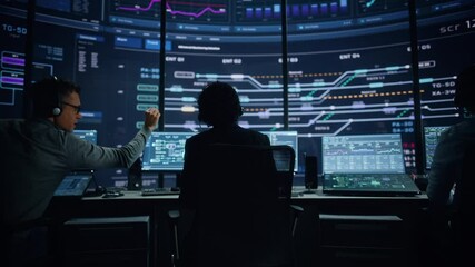 Aufkleber - Professional IT Technical Support Specialists and Software Programmer Working on Computers in Monitoring Control Room with Digital Screens with Server Data, Blockchain Network and Surveillance Maps. 
