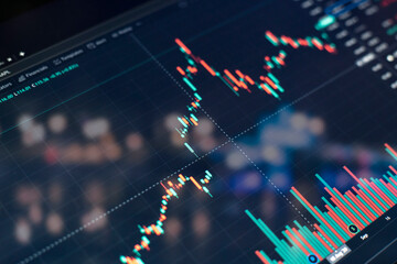 close up monitor screen with chart of stock graph, finance growth diagram
