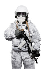 Male in soldier (snow camouflage) uniform with weapon. Shot in studio. Isolated with clipping path on white background