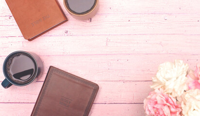 Poster - Group Bible Study with Coffee on a Pink Wooden Table