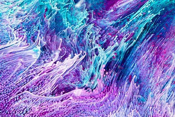 Wall Mural - Epoxy resin paint with turquoise, purple and white colors. Liquid background with splashes and ripples. Modern abstract texture with alcohol inks. Vibrant colors mixes on macrophotography picture.