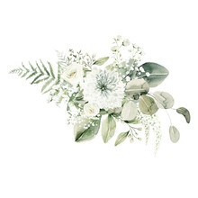 Watercolor Floral Composition. Hand Painted White Flowers, Forest Leaves Of Fern, Eucalyptus, Gypsophila. Green Bouquet Isolated On White Background. Botanical Illustration For Design, Print