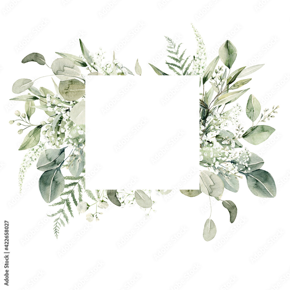 Watercolor floral wreath of greenery. Hand painted frame of white ...