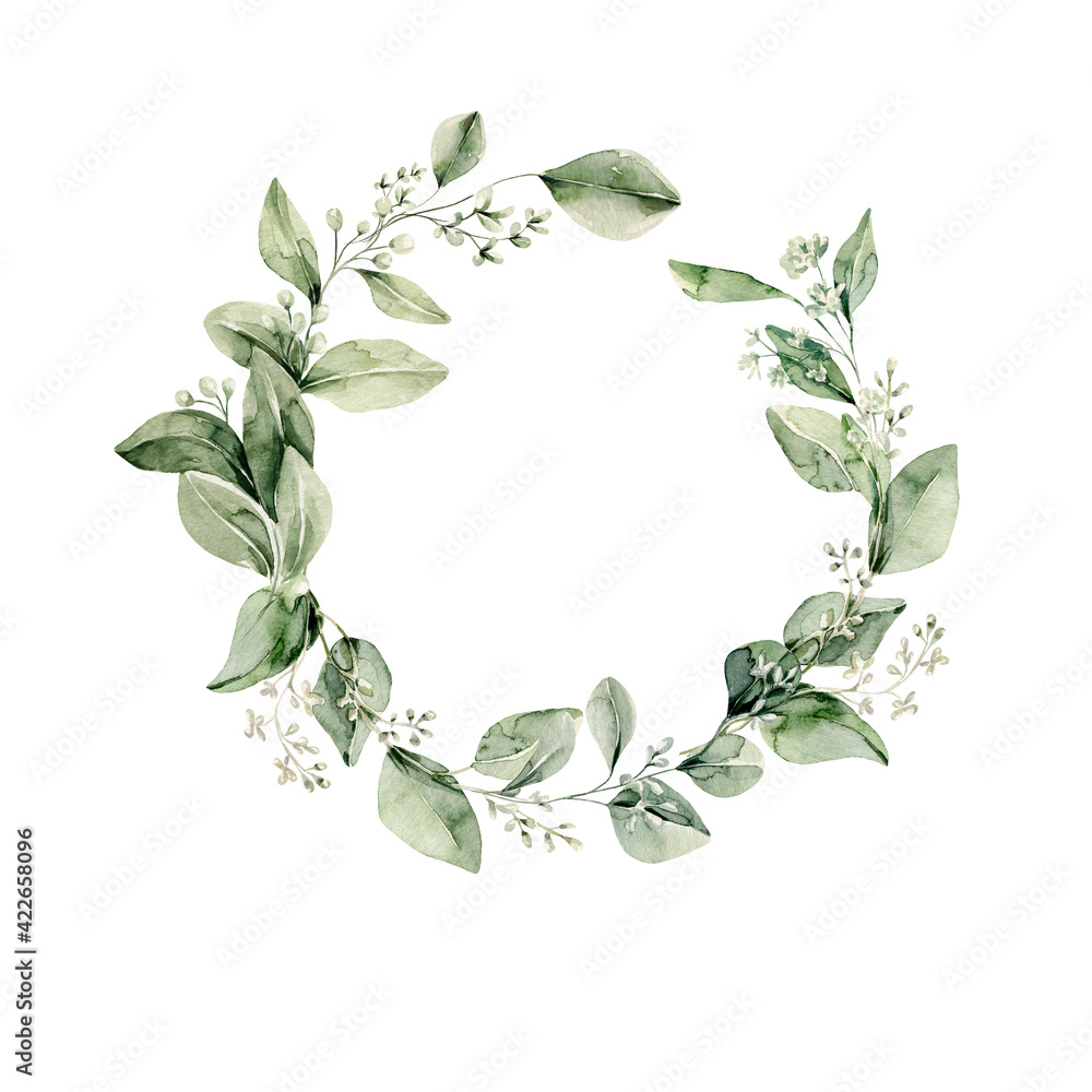 Watercolor floral wreath of greenery. Hand painted frame of green ...