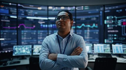 Aufkleber - First Person POV Footage of Professional IT Technical Support Specialist or Software Developer Pushing an Augmented Reality Display in a Modern Monitoring Control Room Full of Computers.