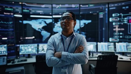 Aufkleber - First Person POV Footage of Professional IT Technical Support Specialist or Software Developer Pushing an Augmented Reality Display in a Modern Monitoring Control Room Full of Computers.