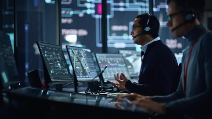 Aufkleber - Portrait of Professional IT Technical Support Specialist Working on Computer in Monitoring Control Room with Digital Screens. Employee Wears Headphones with Mic and Talking on a Call.
