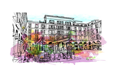 Building view with landmark of Palma is the 
city in Spain. Watercolour splash with hand drawn sketch illustration in vector.