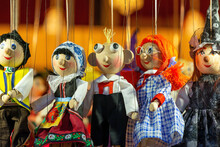 Traditional Handmade Wood Strings Puppets And Marionettes For Sale In Prague As Souvenir, Prague, Czech Republic.