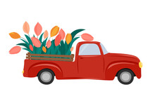 Old Red Vintage Truck With Tulip Flowers In The Back. Spring Concept.