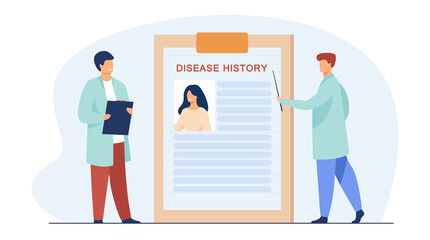 Wall Mural - Tiny doctors studying disease history. Patient, physician, treatment flat vector illustration. Medicine and healthcare concept for banner, website design or landing web page