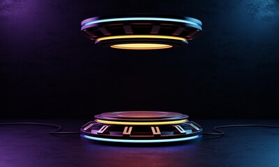 cyberpunk product podium platform studio with blue yellow and violet spotlight on grunge style textu
