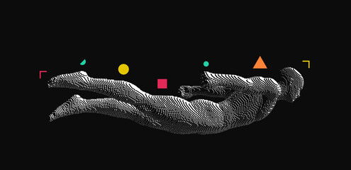 Wall Mural - man is flying or falling in the air. voxel art illustration. virtual reality simulator for game indu