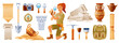 Archaeologist cartoon vector. Archeology ancient history flat icon set. Fossil, pottery, column artifact. Dig excavation tool, brush. Greek Egypt archaeology illustration. Archeologist 3d collection