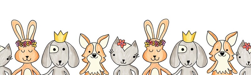 Wall Mural - Animals cute seamless border on a white background. Repeating horizontal kids pattern painted dog, cat, rabbit, bunny. Cartoon cute illustration for baby shower invitations, cards, fabric trim.