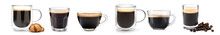 Glasses And Cups Of Hot Espresso On White Background