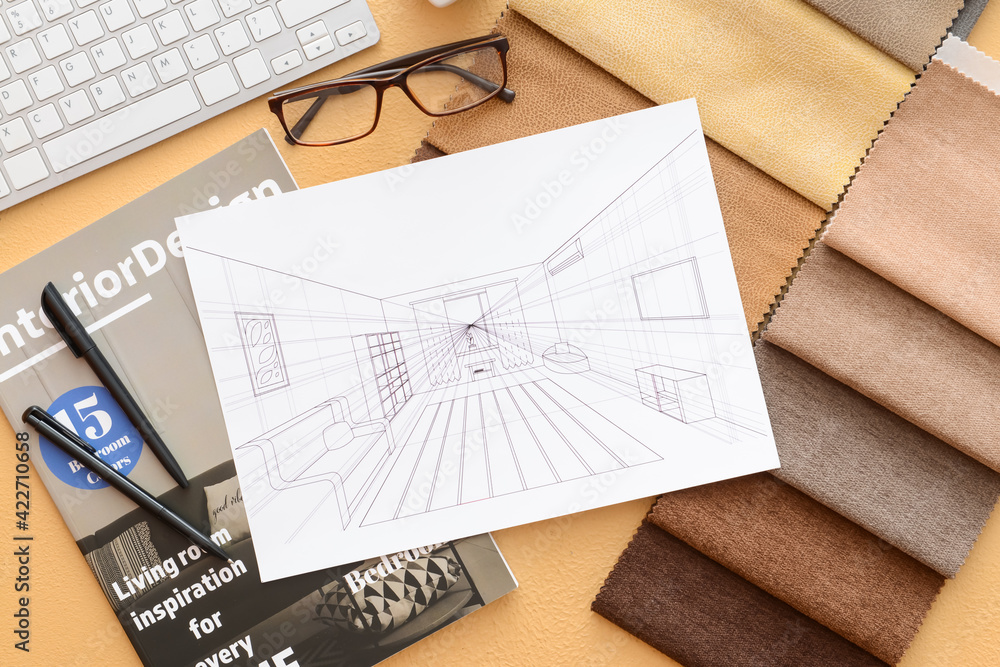 House plan, magazine and fabric samples on color background