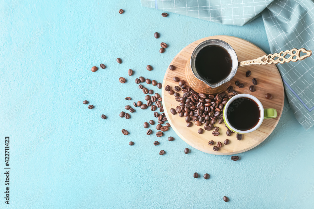Composition with cup of tasty hot coffee on color background