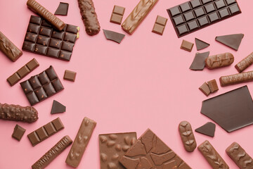 Wall Mural - Frame made of different chocolate on color background