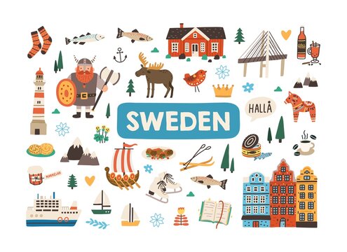 set of traditional symbols of sweden and stockholm isolated on white background. bundle of swedish a
