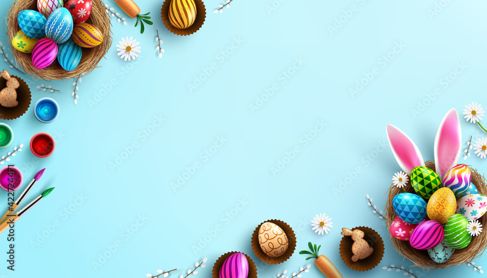 Easter poster background template with Easter eggs in the nest and Rabbit ears on bule background.Greetings and presents for Easter Day in flat lay styling.Promotion and shopping template for Easter - obrazy, fototapety, plakaty 