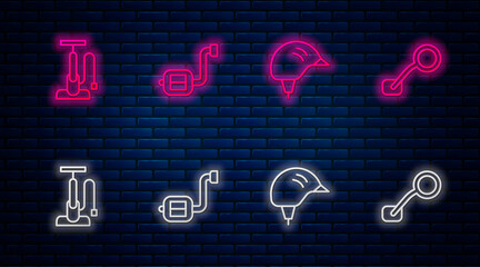 Sticker - Set line Bicycle pedal, helmet, air pump and rear view mirror. Glowing neon icon on brick wall. Vector