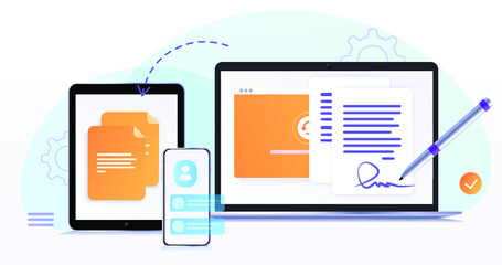 Concept web design, website page development. The working process. Template landing page for website. Web development, optimization, user experience. Electronic signature, signature of documents.