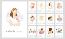 Wall Vertical Calendar For 2022, The Week Starts On Sunday. Template A4 Format Calendar Set Of Month With Abstract Beautiful Girls In Vintage. Contemporary Portraits Posters. Vector Illustration.