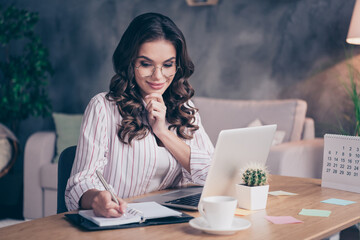 Sticker - Photo of nice optimistic brunette curly hairdo lady wear spectacles white shirt write alone at home