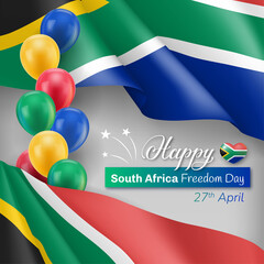 Wall Mural - Happy South Africa Freedom Day patriotic backdrop. Holiday celebration banner, poster, flyer, card in national flag colorls with inflatable balloons realistic vector illustration