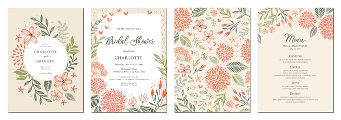 universal hand drawn floral templates in warm colors perfect for an autumn or summer wedding and bir