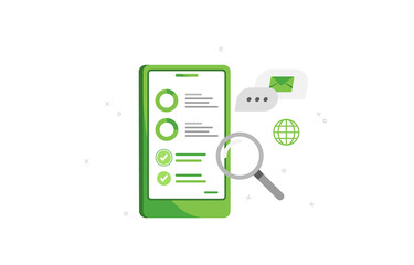 Vector illustration of a phone with a sales analytics application. Analysis of the survey. Details of transactions. Business icon. Mobile app. Green. Eps 10