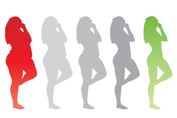 Vector conceptual fat overweight obese female vs slim fit healthy body after weight loss or diet with muscles thin young woman isolated. Fitness, nutrition or fatness obesity, health silhouette shape