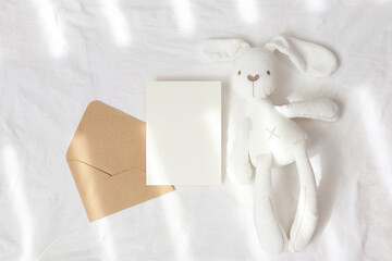 Nursery card mockup with envelope and bunny