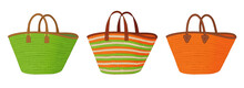 Set Of Straw Bags With Different Handles, Colorful Tote Bag, Summer Beach Bag Vector Illustration