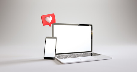 Wall Mural - mobile phone and laptop mockup with a like notifications at white background. 3d rendering