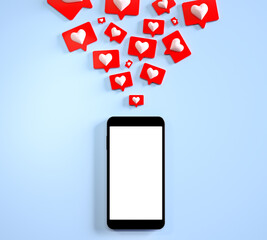 Wall Mural - mobile phone mockup blank screen with many social media like notifications. 3d render